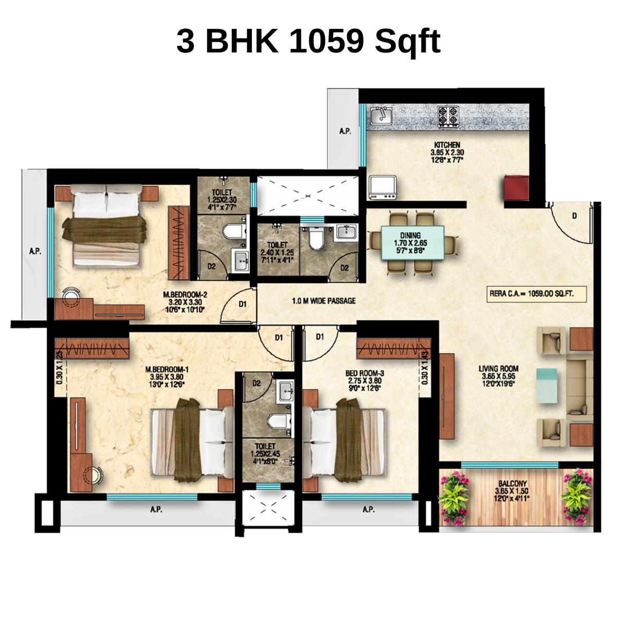 Divine-Shloka-Floor-Plan-3-BHK-1059-Sqft